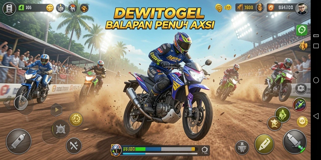 Screenshot gameplay DEWITOGEL menunjukkan balapan motor yang mendebarkan.