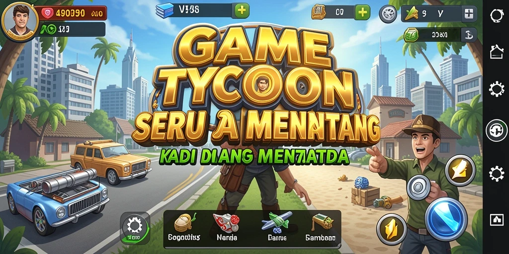 Tampilan gameplay V98 yang menarik dan dinamis dalam membangun bisnis.