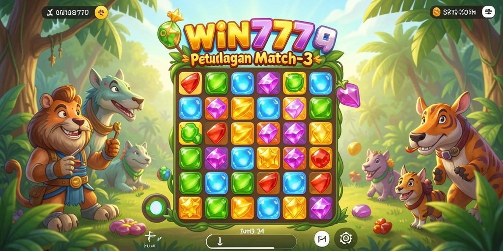 Screenshot utama WIN777 menampilkan gameplay Match-3 yang seru.
